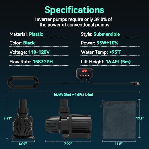 1587 GPH Pond Pump, 55W Submersible Water Pump with Control Panel