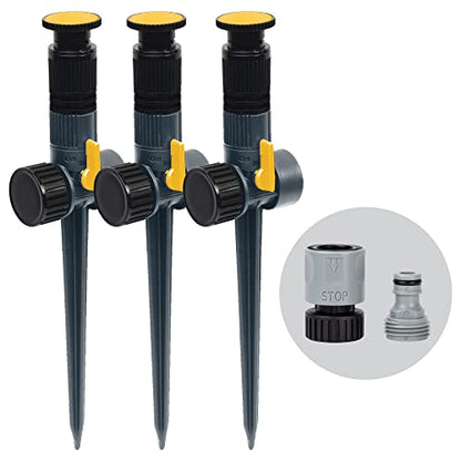 Melnor 65185AMZ Multi-Adjustable Spike Sprinkler Set, 3 Pack, Waters Up to 30 Ft. Diameter Each, Adjustable Angle Direction and Distance, Flow-Through Base, Quick Connect Bundle