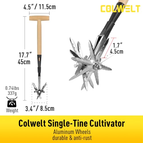 Colwelt Manual Rotary Cultivator, Single-Tine Aluminum Cultivators for Gardening, Garden Hand Tiller Manual with Ergo Wooden t-Handle, Hand Held Cultivator Tool For Flower Beds Cultivate, Aerate, Weed