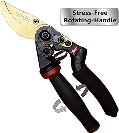 gonicc 8.5" Professional Rotating Bypass Titanium Pruning Shears(GPPS-1014) - color: Golden Rotating Titanium Bypass Pruning Shears