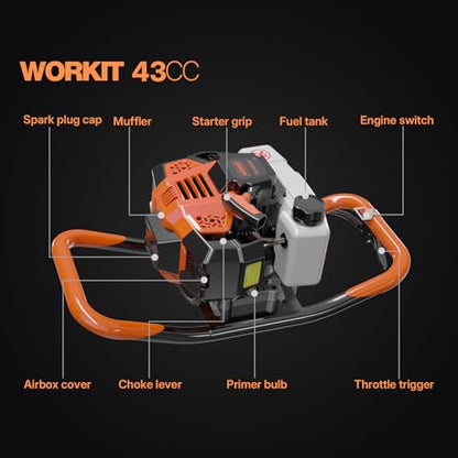WORKIT Post Hole Digger, 43cc Auger Post Hole Digger, 8" Auger Drill Bit & 20" Extension Rods, Gas Powered Earth Auger with EPA Certification - size: 43cc+1 bit(8")+1 Ext(20")