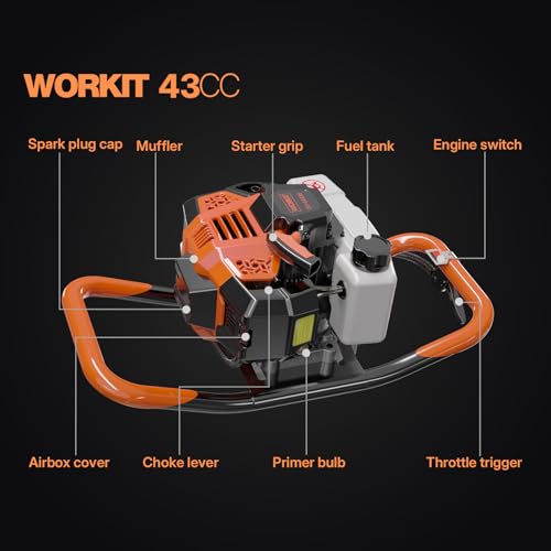 WORKIT Post Hole Digger, 43cc Auger Post Hole Digger, 8" Auger Drill Bit & 20" Extension Rods, Gas Powered Earth Auger with EPA Certification - size: 43cc+1 bit(8")+1 Ext(20")