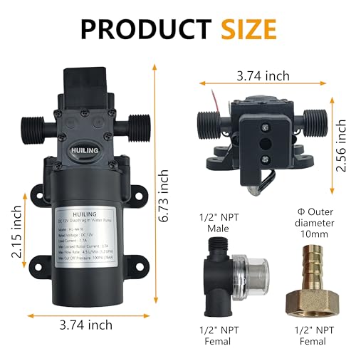 DC 12V Diaphragm Pump, Self-Priming Pump with Filter Quick Connection Terminal, 1.2 GPM 100 PSI Pressure Switch Adjustable Spray Pump, Suitable for RV Camping Shower Garden