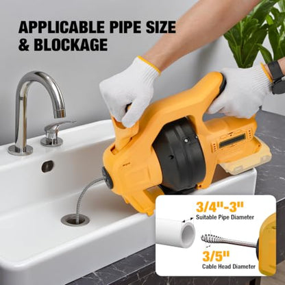 Cordless Electric Drain Auger Compatible with Dewalt 20V Battery(Tool Only) - color: Yellow