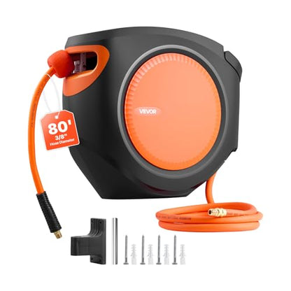 VEVOR Retractable Air Hose Reel, 3/8 Inch x 80 FT Hybrid Air Hose Max 300PSI, Enclosed Air-Compressor Hoses Reel Auto Rewind with 6.6 ft Lead in, 180° Swivel Ceiling/Wall Mount for Workshops - size: 3/8IN x 80FT