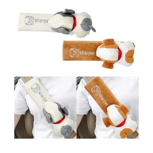 Wevdn 2 PCS Cute Car Seat Belt Pads, Soft Comfortable Cartoon Seat Belt Strap Cover Cushion Pad, Universal Shoulder Strap Pad for Seatbelt and Bag Backpack Strap, Car Accessories (Beige+Brown Dog) - color: Beige+Brown Dog