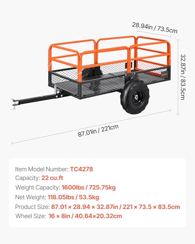 VEVOR 22 Cu.Ft 1600Lbs Steel ATV UTV Trailer Tow Behind Dump Cart, Heavy Duty Pull Behind Utility Dump Trailer for Lawn Mower Trailer Tractor Garden Yard with Removable Rear Panel | For Lawn Mower Tractor Garden Yard, Hand-Pull or Foot-Step, Heavy Duty Pu