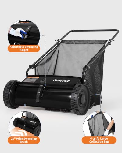 21" Push Lawn Sweeper, 6 Cu.Ft. Hopper, 3 V-Shaped Brushes, Height Adjustable - color: Black, size: 21in
