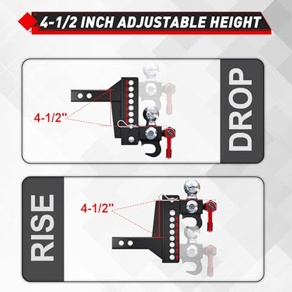 TYT Adjustable 5-in-1 Tri-Ball Hitch Ball Mount for 2-Inch Receiver - size: Adjustable Tri-Ball with Hook & Shackle