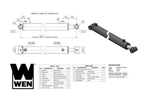 WEN Cross Tube Hydraulic Cylinder with 2-inch Bore and 16-inch Stroke (WT-2016)