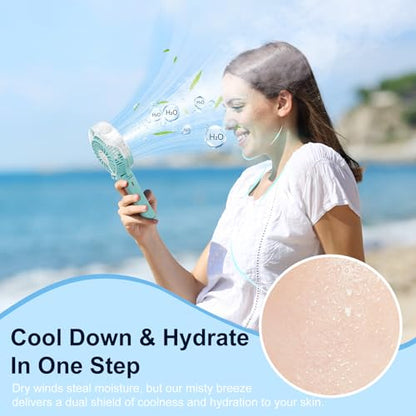 HandFan Upgraded Portable Handheld Misting Fan, Rechargeable Personal Mister Fan, Spray Water Mist Fans, Foldable Electric Mini Cooling Fans for Beach Travel Disney Makeup(Light Blue) - color: Light Blue, style: HF318C
