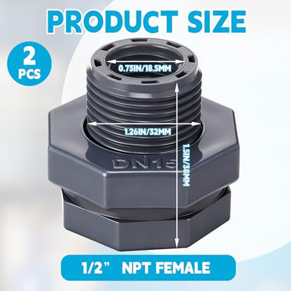 2 Pcs 1/2 Inch Bulkhead Fitting PVC Npt Tank Connector - size: 1/2 Inch