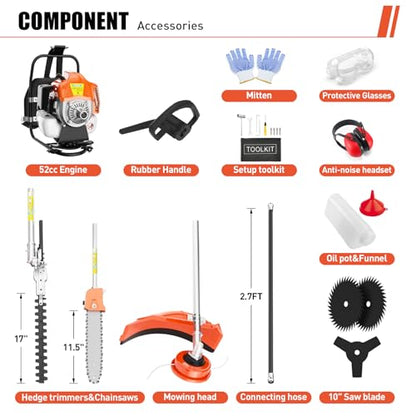 Baotree 52cc 6 in 1 Gas Hedge Trimmer, Weed Eater, String Trimmer, Edger, Pole Saw Chainsaw Pruner with EPA, CE and EMC Certification