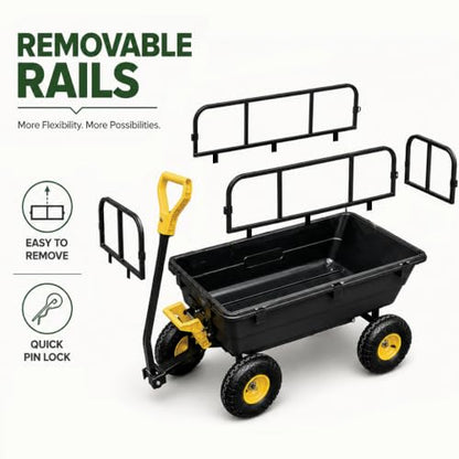 BorealBear Heavy-Duty Garden Dump Cart with Removable Side Rails, 4-Wheel