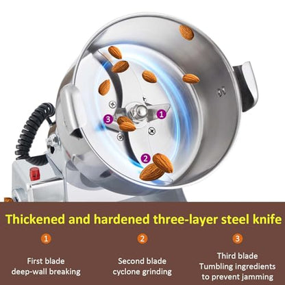 BI-DTOOL Electric Grain Mill Grinder 2000W Dry Material Grinding Machine 800g Stainless Steel Pulverizer 36000r/min High-speed Grain Mill 270° swingable Superfine powder for Home and Commercial 800g - size: 800g