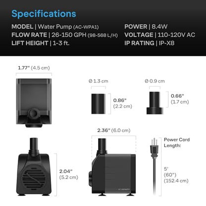AC Infinity 150 GPH Submersible Water Pump (568 L/H, 8W). - size: 150 GPH