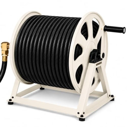 Dual Floor and Wall Mounted Garden Hose Reel, Holds 200ft of Water Hose, Heavy Duty Metal Hose Reel, Space Saving Hose Reel Organizer for Yard, Garage & Shed (White) - color: White