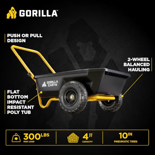 Gorilla Carts Poly Dump Cart, 2-Wheel Garden Wagon, 4 Cu Ft, 300lb Capacity