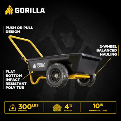 Gorilla Carts Poly Dump Cart, 2-Wheel Garden Wagon, 4 Cu Ft, 300lb Capacity