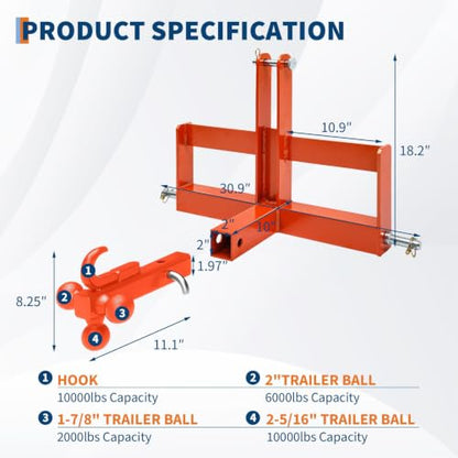 IDEALHOUSE 3-Point Quick Hitch, 10000 LB Capacity, 2 Inch Trailer Ball
