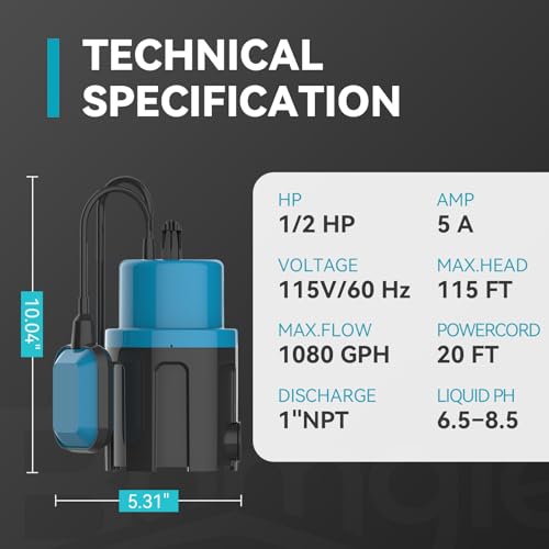 1/2HP Sump Pump 1080GPH Submersible Water Pump with Float Switch - color: Deep Blue