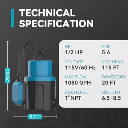 1/2HP Sump Pump 1080GPH Submersible Water Pump with Float Switch - color: Deep Blue