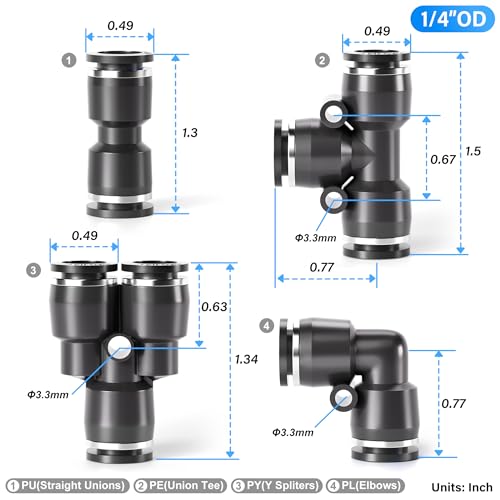TAILONZ 1/4" Push to Connect Fitting Splitters+Elbows+Tees+Straight 40pcs - color: Black, size: 1/4"OD/40PCS