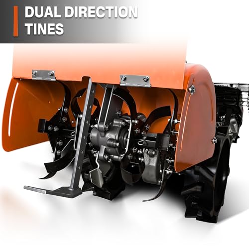 NOVUS 18-Inch Dual Direction Rear Tine Tiller, 212cc 4-Cycle Gas Engine, Full Gear Transmission, Dual Rotating Tines, Airless Tires Gas Tiller for Small to Large Gardens
