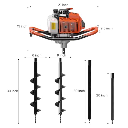 WORKIT 72CC Post Hole Digger, Auger Post Hole Digger Easy Start, 2-Cycle Xtreme Engine, Gas Powered Earth Auger with 6"+8" Auger Drill Bit, 20"+30" Extension Rods, EPA Certification - size: 72cc+2 bit(6"+8")+2 Ext(20"+30")