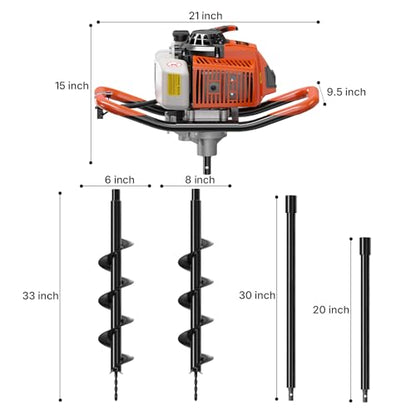 WORKIT 72CC Post Hole Digger, Auger Post Hole Digger Easy Start, 2-Cycle Xtreme Engine, Gas Powered Earth Auger with 6"+8" Auger Drill Bit, 20"+30" Extension Rods, EPA Certification - size: 72cc+2 bit(6"+8")+2 Ext(20"+30")