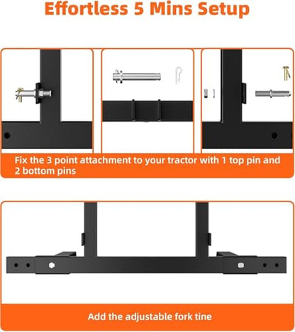Heavy Duty 1500 LBS Capacity 3 Point Hitch Pallet Fork for Category 1 Tractors, Adjustable Fork, Tines Steel Frame Loader Attachment for Material Handling