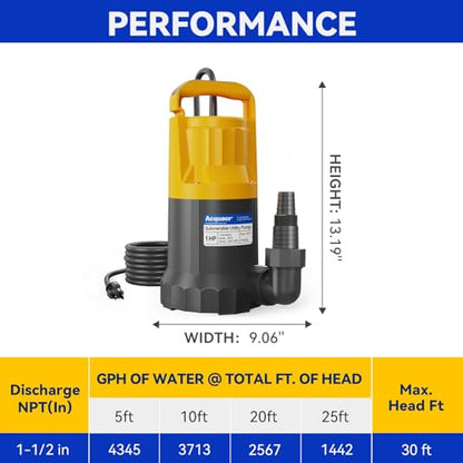 Acquaer 1HP Sump Pump, 4345GPH Submersible Water Pump - color: Orange