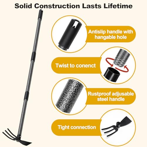 Hoe and Cultivator - 60” Long Handle - Heavy Duty Garden Hoe Tiller, Standing Hoe Garden Tools Durable Cultivator Hoes Hand Rake Fork for Gardening Weeding Planting Loosening Soil - size: 60"