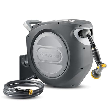 GLAHODEN Retractable Garden Hose Reel 5/8 in x 115 ft Metal Bracket, 2026 Upgraded Dual Ratchet Lock UV & Freeze Protection Brass Seal Slow Retraction Anti-Tangle Hose 180°Swivel - size: 5/8" 115FT Metal Bracket