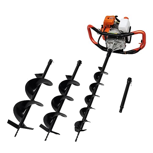 2-Stroke Gas Powered Post Hole Digger, 52cc 1.98HP Auger Posthole Digger with 3 Drill Bits (4", 6", 8"), 7500rpm Gas Powered Earth Digger for Fence Planting, Landscaping, 2 Packages Shipped Box