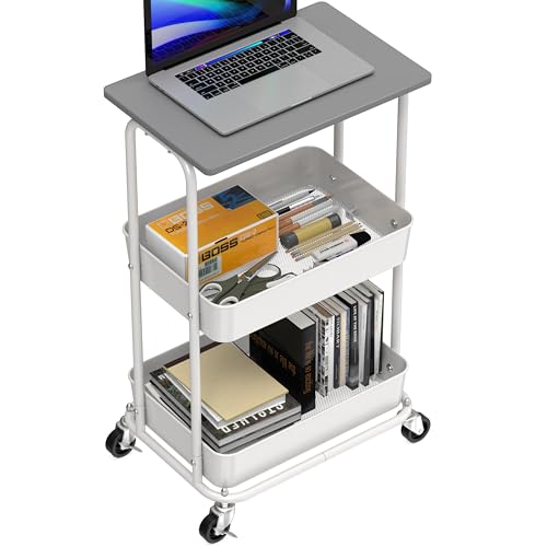 Simple Houseware 2-Tier Rolling Utility Cart Wood Top/Lockable Wheel, Gray - color: Grey
