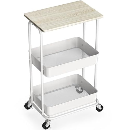 Simple Houseware 2-Tier Rolling Utility Cart Wood Top/Lockable Wheel, Maple - color: Maple