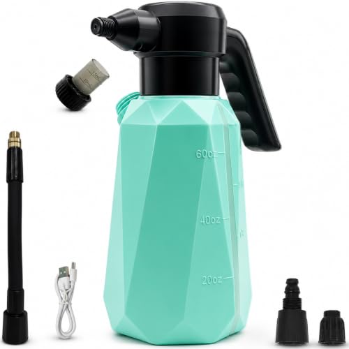 Battery Powered Sprayer, 1/2 Gallon Electric Spray Bottle with 2200mAh Battery 7.5H Runtime, 3 Speeds 2 Nozzles, Flexible Rubber Wand, Transparent Tank with Measuring Cup Cap, Blue