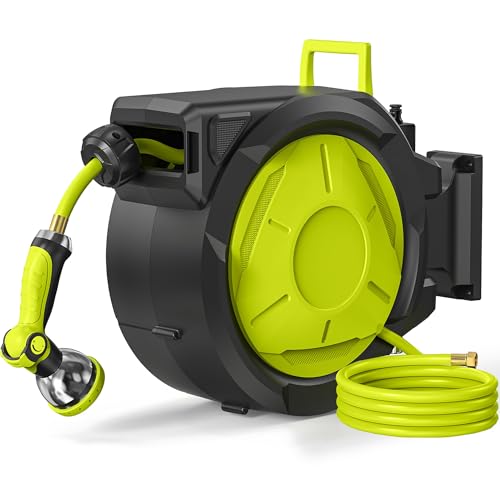Retractable Garden Hose Reel 1/2 in x 50 ft Wall Mounted, Auto Rewind with Slow Return & Any-Length Lock, No Kink Tangle-Free, 3/4 in Brass Connector, 180° Swivel, Heavy Duty Hose Reel (65FT) - size: 65FT
