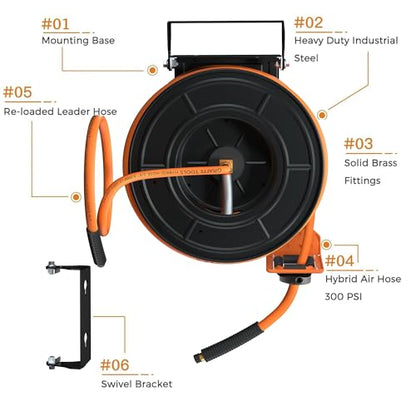 Giraffe Tools Retractable Air Hose Reel 50ft with Swivel Bracket 3/8" - size: 50ft