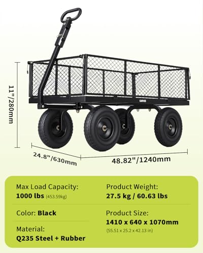 1000 Lbs Steel Garden Cart, Utility Wagon with Removable Mesh Sides-Black - color: Black