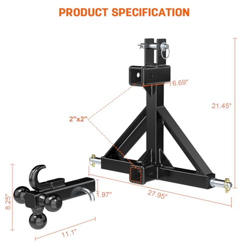 Black 3 Point Hitch Receiver with Dual 2” Receiver Fit Category 1 Tractors