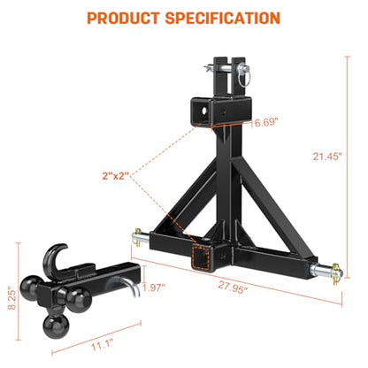 Black 3 Point Hitch Receiver with Dual 2” Receiver Fit Category 1 Tractors
