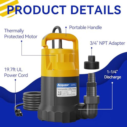 Acquaer 1/2HP Sump Pump, 2906GPH Submersible Water Pump - color: Mustard