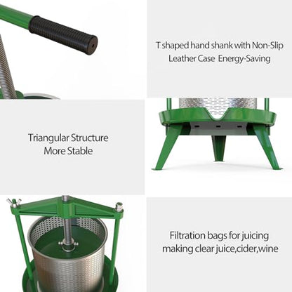 Green Fruit Wine Press 2.38 Gal - Heavy-duty T-Handle & Cross-beam, Stainless Steel Juice Maker for Apple, Grape, Home Brewing - color: Green, size: 2.38 Gallon
