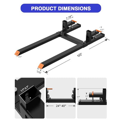 Heavy Duty 60" Tractor Bucket Pallet Forks - 4000 Lbs Clamp-On Fork Attachment for Skid Steer, Loader with Adjustable Stabilizer Bar