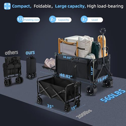 50" Extra Long Folding Wagon Cart, Heavy Duty Wagon with 400 lbs Capacity