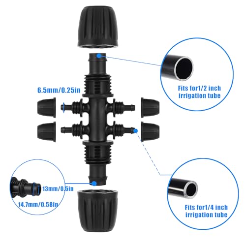 20 Pcs Barbed Tee 6-Way,1/2 to 1/4 Inch Tubing Irrigation Fittings | Locked Barbed Connectors,for (1/2'' ID x 0.60''-0.63'' OD) 16mm Drip Tubing,Anti-Drop Barbed Tee Connectors - size: 20 Pcs 1/2 to 1/4 Inch Locked Barbed 6-Way