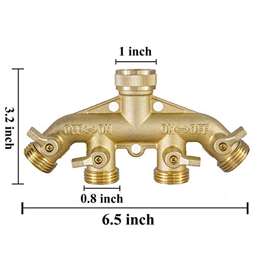 Hourleey Brass Garden Hose Splitter (4 Way), Solid Brass Hose Connector 3/4", Hose Spigot Adapter 4 Valves with 4 Extra Rubber Washers - size: 1 Pack - 4 Way