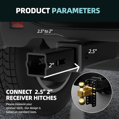 Hitch Receiver Adapter Reducer Sleeves, 2-1/2 to 2-Inch Receiver Hitch Towing Accessories - 2025New Adjustable 4-Hole Position - for Tractor Bucket, RV, UTV, Truck, Bike Rack & Cargo Carriers - size: 2.5" to 2" (2025 Upgrade)